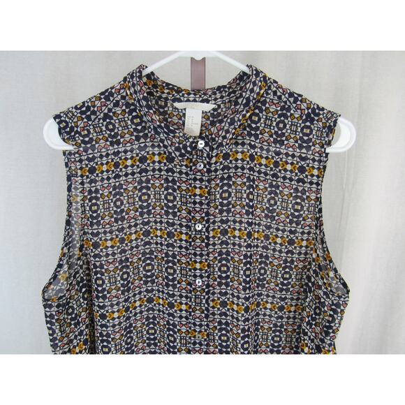 H&M US 14 Semi Sheer Button Up Tank Geometric Shape Navy Yellow Green Purple - Picture 2 of 3